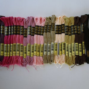 30 skeins,10 colors dusty purple, pinks, brown,dk. green, khaki ,DMC embroidery thread,3740,3731,3733,3727,3713,613,3770,3046,3781,935, #33