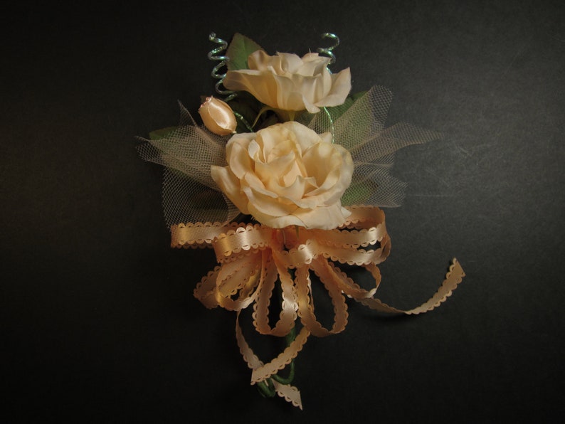 peach pastel orange satin roses and ribbon bow for weddings,proms,anniversary 7 handmade corsage etc.