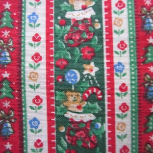 Christmas fabric, stripe design w/ tiny bears,stockings,flowers,trees,red,green,white,blue, unknown maker, vintage new stock, sold by yard