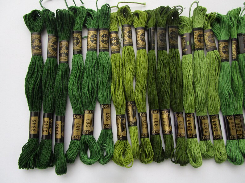 6 strand cotton 30 skeins 3 ea.,3363,895,3364,989,988,3347,937,470,987,3345 #9 10 shades foliage leaf olive green DMC cross stitch thread