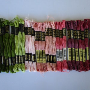 30 skeins10 colors burgundy,wine,dusty purple,pink,dark green,rose, DMC embroidery thread, 3721,3722,3726,760,754,3779,819,472,581,580, #42
