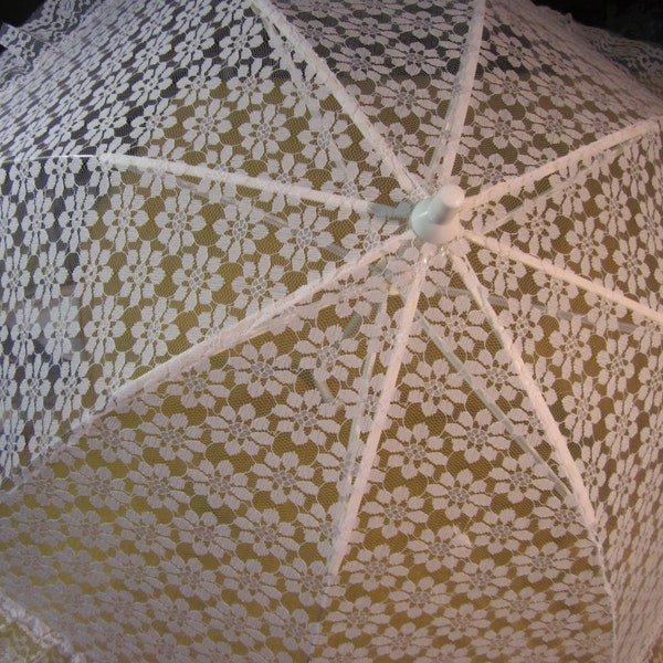 23" x 30" open white lace parasol, wedding decor, flower girl, bride, plastic and lace umbrella