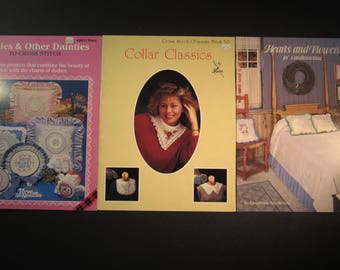 3 booklets, Doilies and other Dainties to cross stitch 28 projects, Collar Classics, Hearts and Flowers for candlewicking