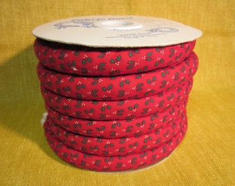 Fabric Cord,19 ft, red with green holly and white berries, 5/8" diameter, pre sewn for braiding, crafts, basketry, sewing, etc.