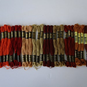 May include: A collection of 30 skeins of embroidery floss in various shades of orange, brown, and beige. The floss is arranged in a gradient from dark orange to light beige.