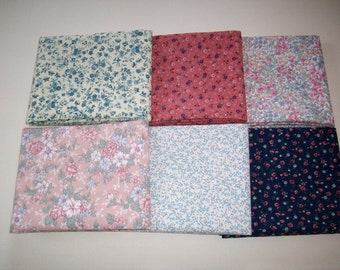 6 fat quarters vintage calico fabric rose, navy, mauve, lt. green,floral prints