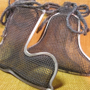 2 pewter metal screen ornaments, 4&quot;, stocking, bell, grey , Christmas, new vintage