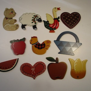 11 country folk pre-painted wood cutouts for crafts or ornaments,3&quot; to 4&quot;x 1/8&quot; bear,sheep,goose,heart,apple,chicken,basket,watermelon,tulip