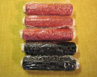 5 spools Kreinik Balger embroidery thread, 2 black, 3 metallic red, unknown size or length