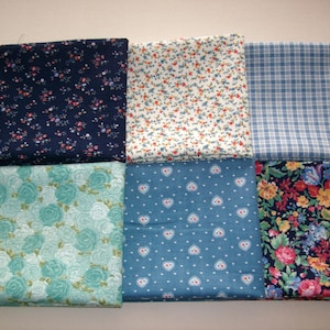 6 fat quarters vintage fabric navy,teal,rose, plaid, floral, fq24