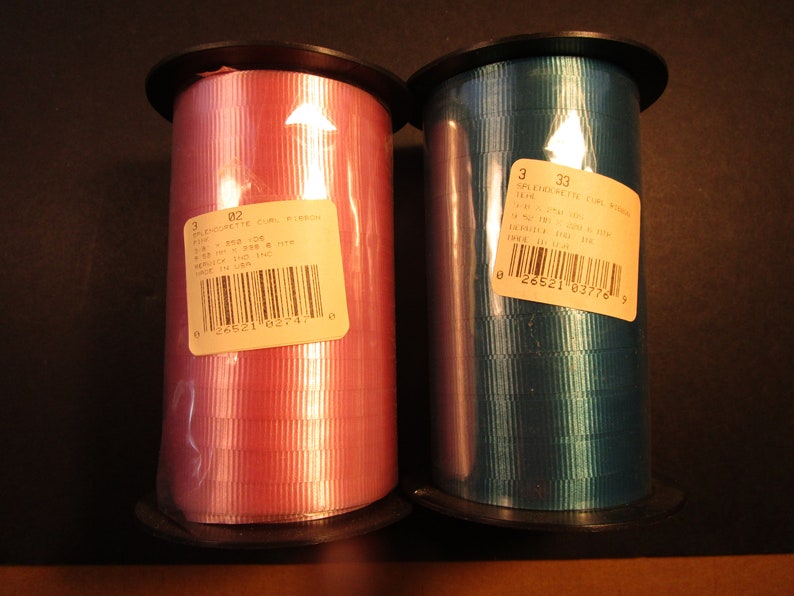 2 rolls curling ribbon pink and teal 250 yds each made in USA vintage stock 38 wide