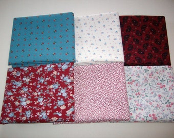 6 fat quarters vintage fabric, burgundy,blue and off white, calico
