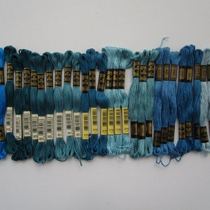 30 skeins,10 shades blue,steel,slate,teal,bright cobalt,DMC 8m cotton cross stitch thread, 995,3808,3809,3810,3765,3766,597,826,517,827, #23