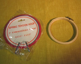 2 hoops, 5" spring tension metal and plastic, 4" wood and metal, cross stitch,needlepoint,embroidery,Taiwan