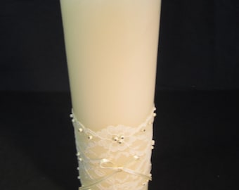 9"x3" Handmade ivory unity candle, ivory lace, ribbon, beads and pins, wedding, anniversary