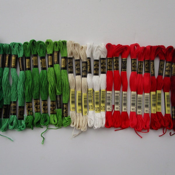 10 Christmas colors 4 red, 4 green, white & ecru,30 skeins, DMC 8m cotton 6 strand cross stitch thread,910,913,702,703,666,815,3801,321, #18