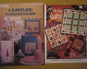 2 booklets, A Bunnyland To Applique For Baby and No Sew Quilts, patterns and instructions for wallhangings, diaper pad and stacker,burp pad