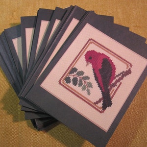 50 pk Scarlet Tanager bird cards, no envelopes,blank inside, cross stitch pattern on back, 4 1/2&quot; x 6&quot;