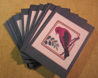 50 pk Scarlet Tanager bird cards, no envelopes,blank inside, cross stitch pattern on back, 4 1/2" x 6"