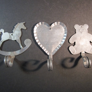 3 tin country style decorative hangers, 4" rocking horse, bear, heart, pewter color, folk art