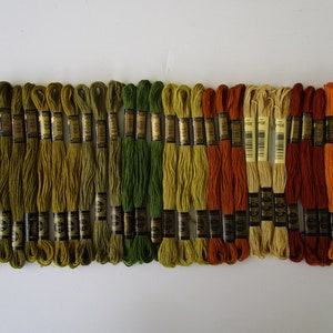 May include: A collection of 30 skeins of embroidery floss in shades of green, yellow, orange, and beige. The floss is arranged in a gradient from dark green to light orange.