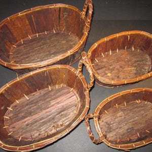4 oval bark nesting baskets, 6&quot;x9&quot;, 7&quot;x10&quot;,8&quot;x11&quot;,9&quot;x12&quot;, handmade of real wood bark,vintage stock