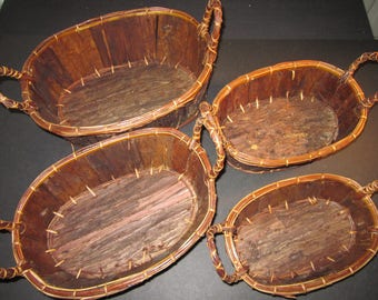 4 oval bark nesting baskets, 6"x9", 7"x10",8"x11",9"x12", handmade of real wood bark,vintage stock