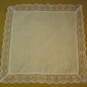 Grandmother handkerchief, wedding, to embroider or paint ,white w/ lace, 9 1/2&quot; square