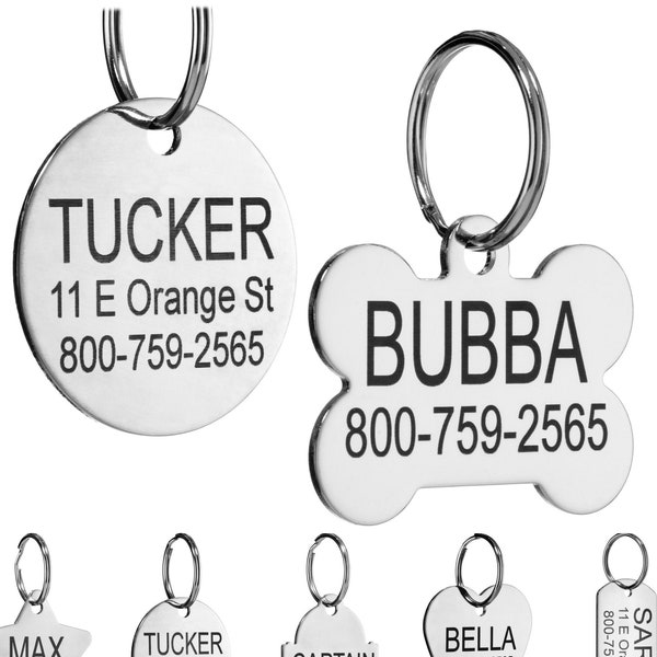 Personalized Pet ID Tag for Dog or Cat Collar - Custom Engraved with up 8 Lines of Text - Rugged and Durable Stainless Steel