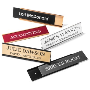 Custom Engraved Name Plates with Aluminum Holder.  2x8" Wall Name Plates and Desk Name Plates for Business Office & Home Office Use