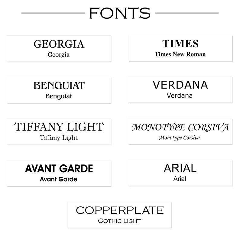 K&ouml;nnte beinhalten: Eine Grafik mit verschiedenen Schriftarten, darunter Georgia, Benguiat, Tiffany Light, Avant Garde, Times New Roman, Verdana, Monotype Corsiva, Arial und Copperplate Gothic Light.