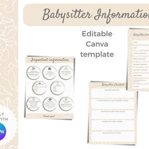 Babysitter checklist, emergency contacts & important information Canva template - nanny notes, tip sheet, neutral colors digital download