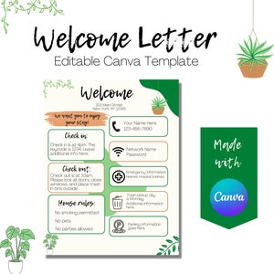Carta de bienvenida de 1 página para anfitriones e invitados de Airbnb o VRBO - plantilla Canva editable - plantas boho - verde - instrucciones, reglas, información
