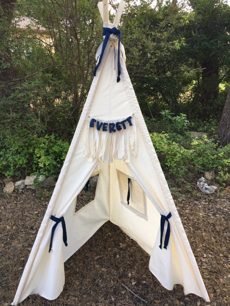 Natural canvas kids teepee playtent playhouse tent teepees with 4 wood poles FREE MONOGRAMMED NAME image 4