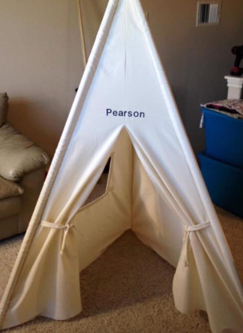 Natural canvas kids teepee playtent playhouse tent teepees with 4 wood poles FREE MONOGRAMMED NAME image 9