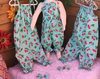 Smocked Cherry Romper/Jumper/Jumpsuit with elastic smocking at top and leg openings for easy removal and wonderful comfort and coolness