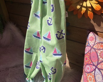 Smocked Anchors  & sailboats Romper/Jumper/Jumpsuit with elastic smocking at top and leg openings for easy removal and wonderful comfort