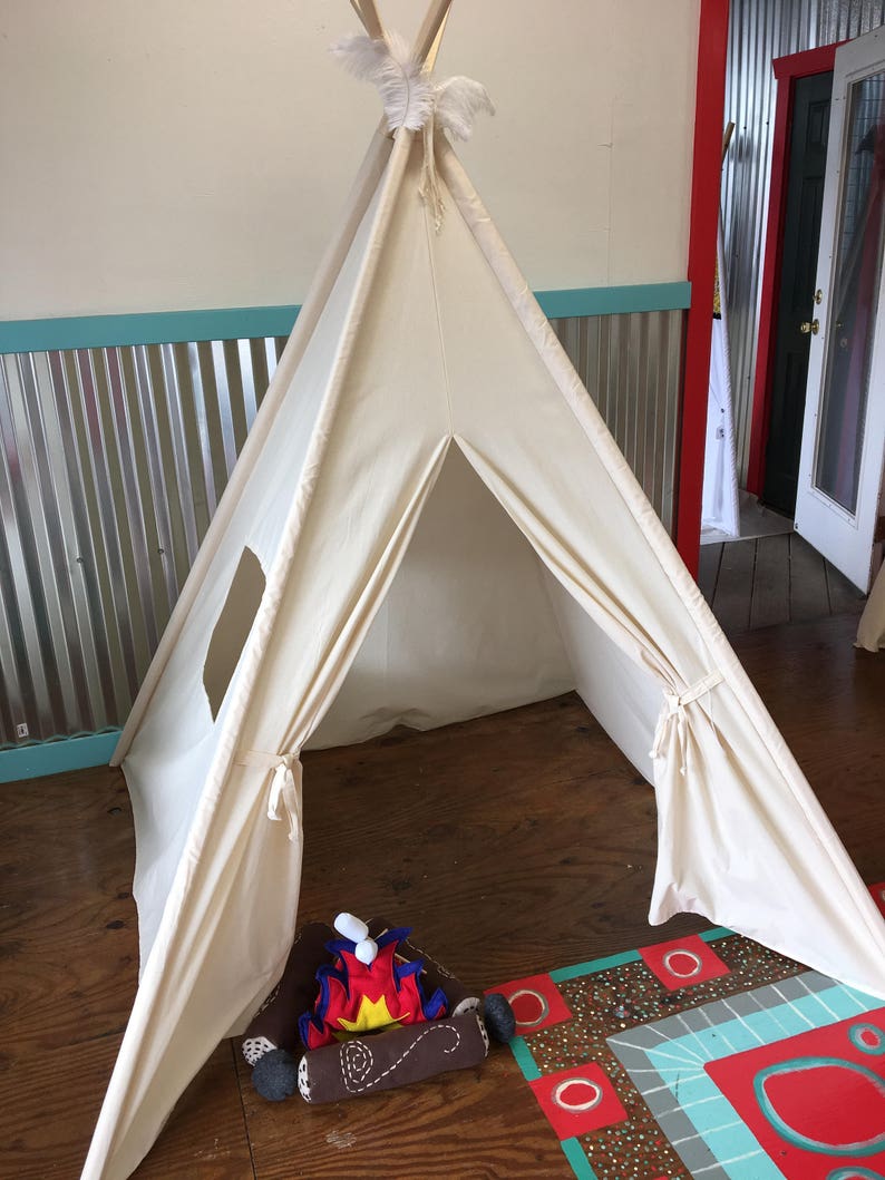 Natural canvas kids teepee playtent playhouse tent teepees with 4 wood poles FREE MONOGRAMMED NAME image 3