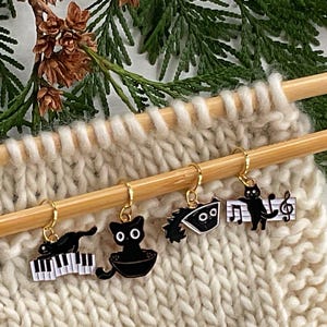 Schwarze Katze Maschenmarkierer für stricken oder häkeln, Musik Thema, 4er Set