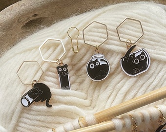 Funny Black Cat Enamel Stitch Marker Set, Knit and Crochet + storage jar