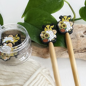 HONEYBEE GNOMES + SUNFLOWERS, set of 2 knitting needle stitch stoppers, crochet hook accessories, Fun for Knitters and crocheters, Bee elf