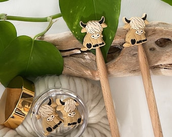 HAIRY COOS Knitting Needle Stitch Stoppers/Point Protectors, Adorable Highland Cows, Khaki or Caramel color, Set of 2, storage jar optional