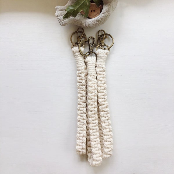 The TRAVELER Macrame off white Wristlet, antique brass colored clip with matching removable key ring, gift for new driver,