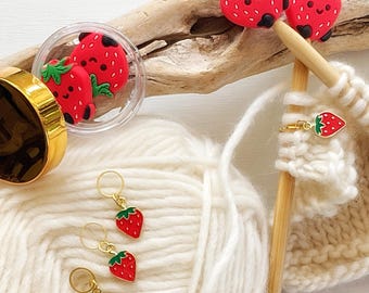 Strawberry Stitch Marker + Stitch Stoppers Set: Knitting & Crochet Accessories