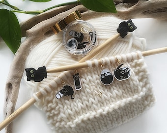 Black Cat Stitch Stoppers & Markers Set: Knitting Crochet Accessories