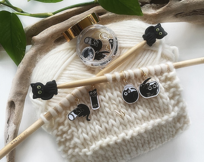 Black Cat Stitch Stoppers & Markers Set: Knitting Crochet Accessories