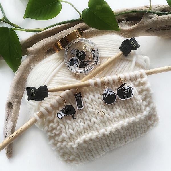 Black Cat Stitch Stoppers & Markers Set: Knitting Crochet Accessories