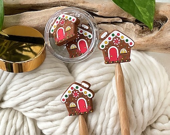 Knitting Stitch Stoppers,  CHRISTMAS GINGERBREAD HOUSE, Set of 2 knitting needle point protectors/ Knit tools Holiday, X-mas + Fun Knits