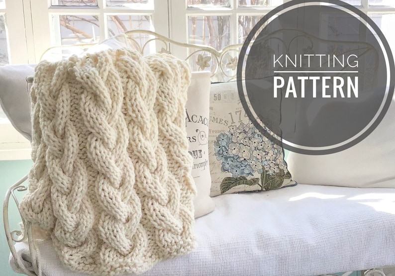 KNITTING PATTERN-The Brayden Throw 60x45 blanket-Chunky yarn pattern-Cable knit coverlet knit pattern-Braid/Cable Knit Pattern PDF download image 1