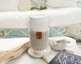 Knit Coffee Cup Cozy with Suede Tag, Coffee Sweater Sleeve